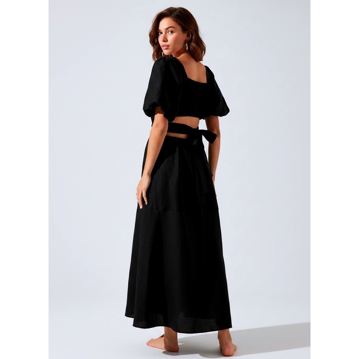 Astr The Label Angeles Midi Dress Med Black Puff Sleeve Wedding Guest Linen Blnd